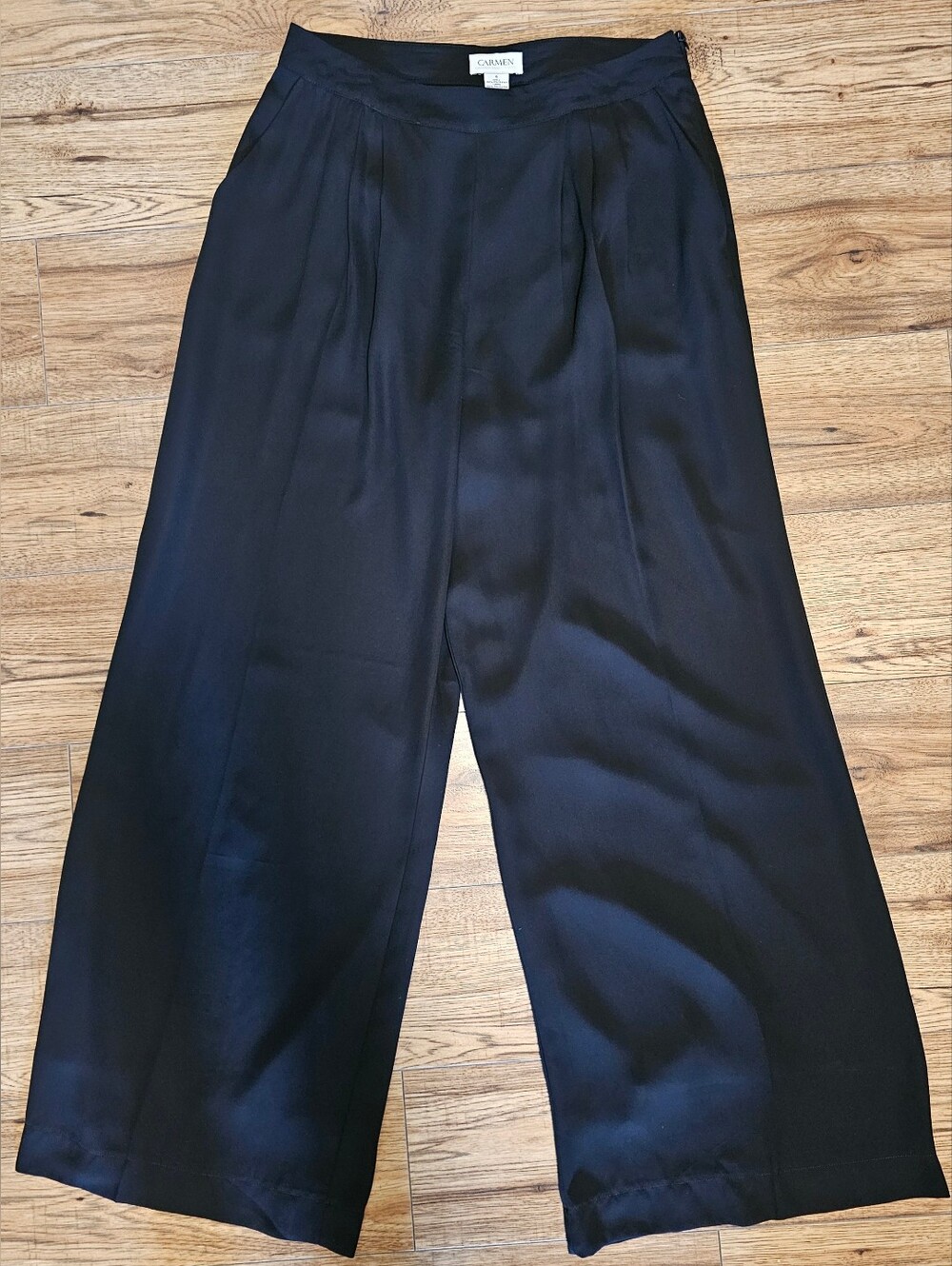 Carmen Marc Valvo Black Satin Wide-Leg Pants